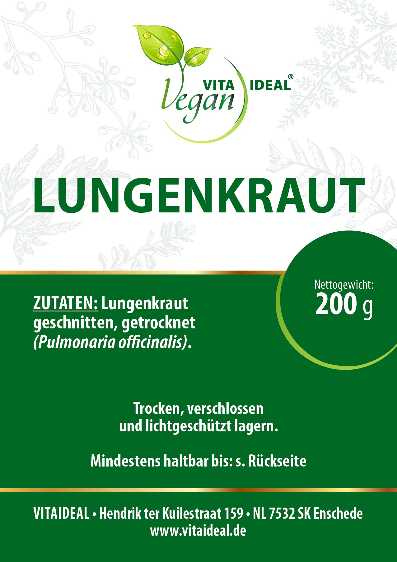 VITA IDEAL Vegan® LUNGEN - Kraut 4x 200g geschnitten & getrocknet - Pulmonaria officinalis - LUNGENKRAUT - LUNGE - KräuterTee & Aufguss, Kräutertee ohne Zusatzstoffe.