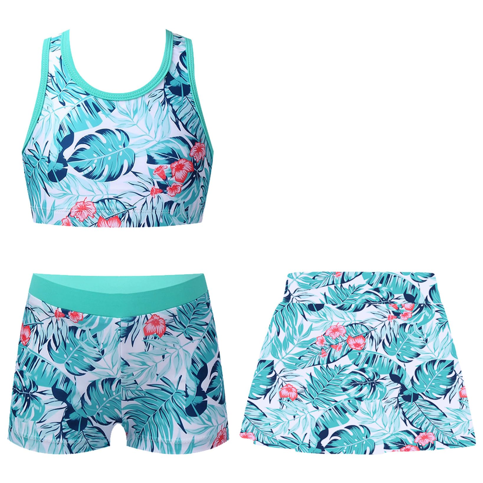 Nyeemya Conjunto de Bikini Hawaiano para niñas con Estampado de Hojas de Palma Tankini Top y bañador Falda de baño de Verano Traje de baño con protección UV Ropa de Playa