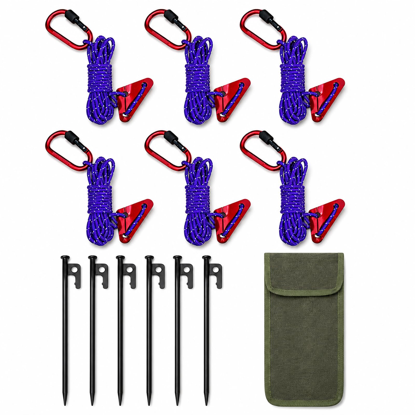 Camping Guyline Kit with Carabiner, 6 x 4m Reflective Tent Guy Ropes, 6 x 30cm Metal Tent Pegs, Rope Tensioners and Carry Pouch for Tents, Tarps, Canopies, Awnings and Shelters，Purple