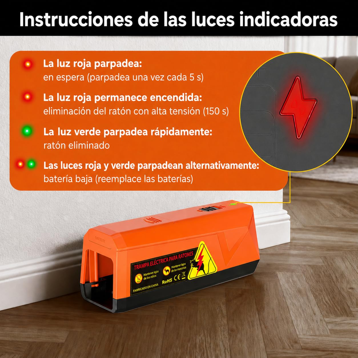 Trampas Eléctrica para Ratones a Pilas, Voltaje Potente de 2000V para Matar Ratas al Instante, Adecuada para Cocina, Almacén, Ático, Eficaz para Ratones Pequeños (Naranja)