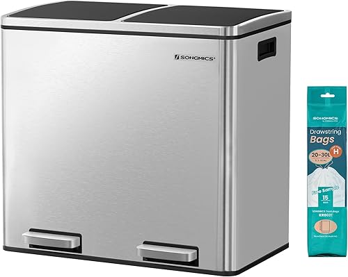 SONGMICS Bote de basura, 2 botes de basura doble de 6.3 galones (2 x 24 litros), cubo de reciclaje de pedal con tapas y cubos interiores para