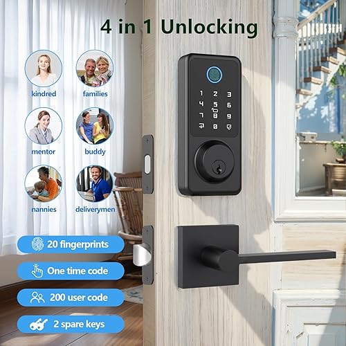 Miniatura 3 de Juego de cerradura de puerta inteligente, cerradura de puerta de huellas dactilares con manija de palanca, cerradura de entrada sin llave negra con