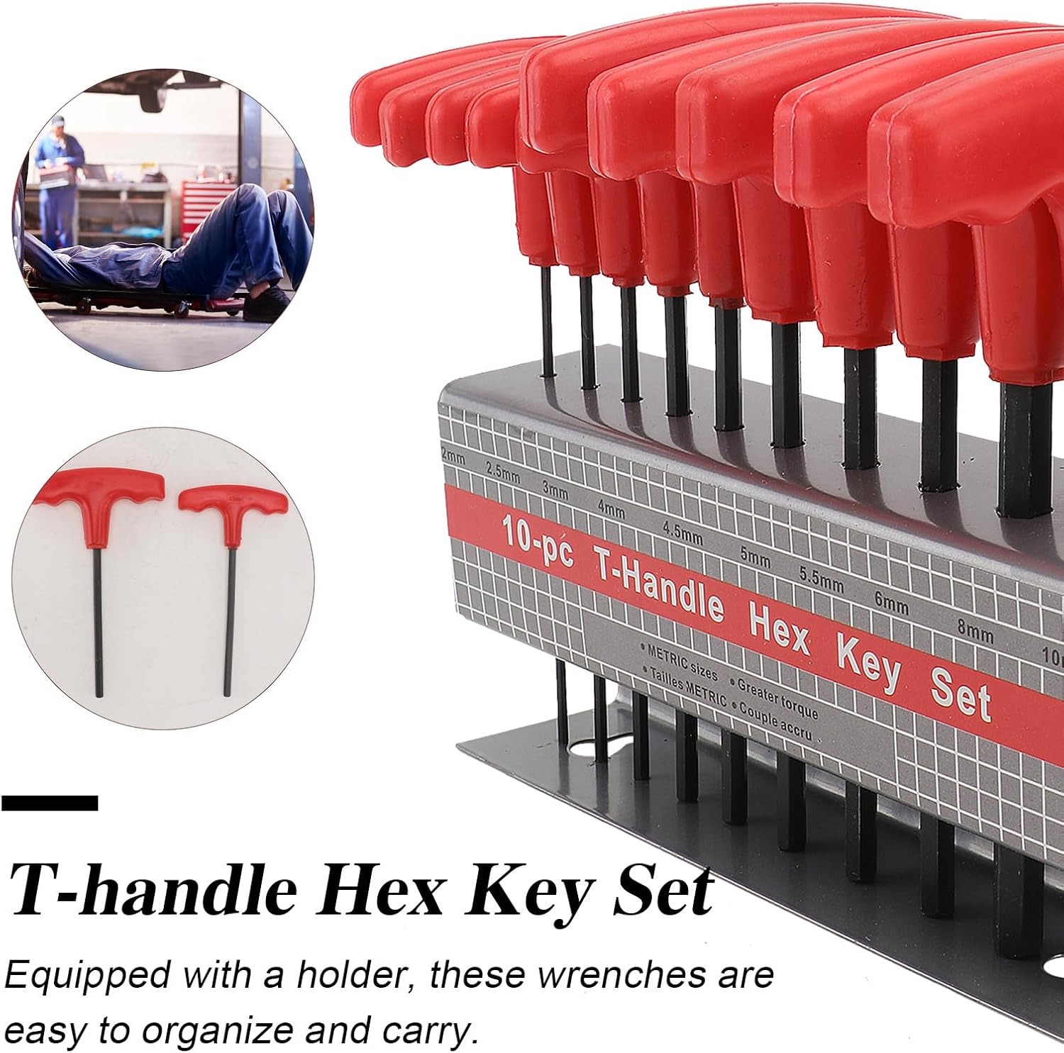 10pcs T-Handle Hex Key Wrench Set -H10 with Holder, Handle Steel Allen Wrenches for Home Repair and Mechanical Use