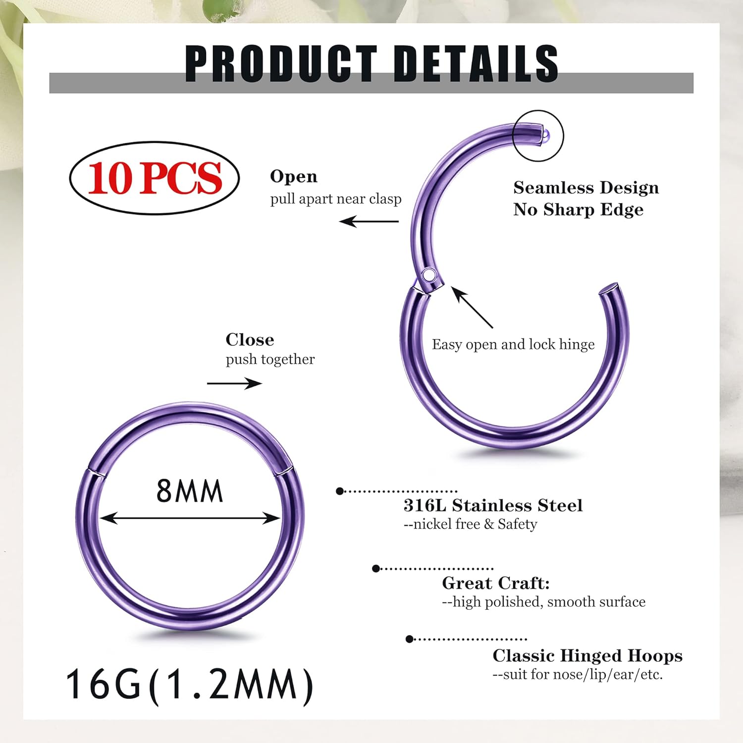 Besteel 10PCS Septum Nose Rings Hoops for Women Men - 16G 18G 316L Surgical Stainless Steel Hinged Clicker Lip Helix Rook Tragus Daith Conch Piercing Jewelry Cartilage Sleeper Earrings Set 8/10/12MM - Image 3