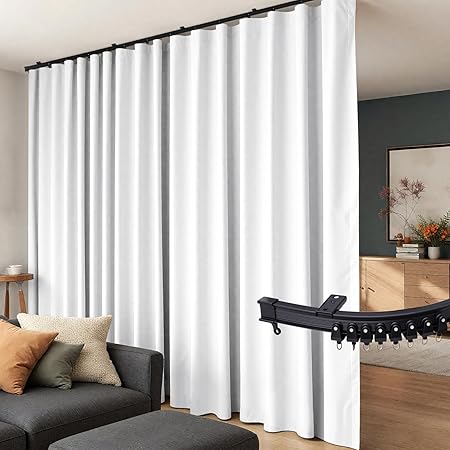 Room Divider Curtains Flexible Ceiling Tracks set Curtain track Ceiling Mount Blackout Curtain for Living Room Bedroom Ceiling Curtain Rod Privacy Divider Panel W100xH84 GreyishWhite Drape&Black rail