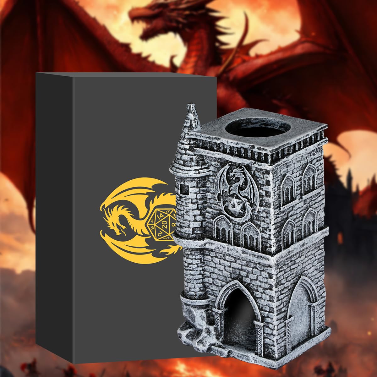 Tour de dés du château D&D, Plateaux à rouler en résine 3D, Accessoires de jeux de table fantastiques, Tour de dés Dragon portable, Parfait pour le RPG DND, Cadeaux pour les joueurs (Dés non inclus)