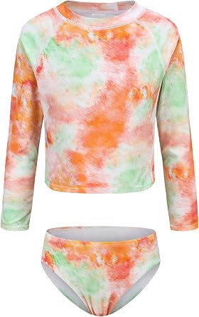 Girls Long Sleeve Rash Guard Swimsuits Set Tie Dye Bathing Suit for Kids Girls Hawaiian Swimwear Set Two Piece 3-16 Years