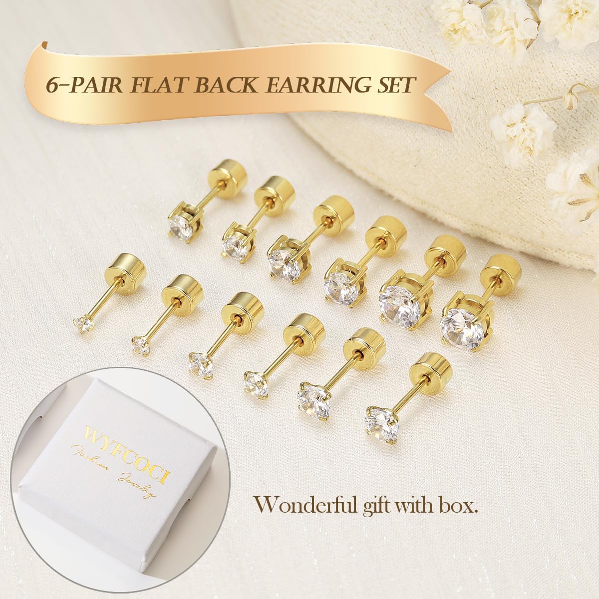 6 Pairs Threadless Push in Flat Back Stud Earrings Hypoallergenic Surgical Stainless Steel Earrings 14K Gold Plated Cubic Zirconia Earrings for Women Men Earrings for Sensitive Ears Small Cartilage Earring Studs Stack Set for Multiple Piercing jewelry(2-5mm) - Image 6