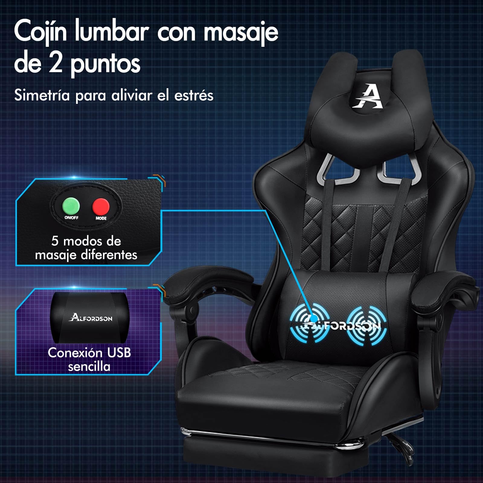 ALFORDSON Silla Gaming Ergonómica Masaje Reclinable con Cojín Lumbar y Cervical,Silla Gamer con y Reposapiés Retráctil,Altura Ajustable, para Ordenador,Videojuego,Escritorio,Oficina, Cuero PU(Negra)