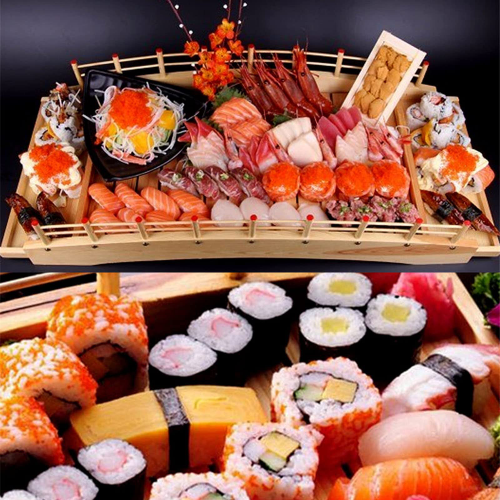 Créatif Assiette de Bateau Pont arqué Sushi Plateau de Service, Japonais en Bois Plateau pour Sashimi, pour la Nourriture, Les fêtes à la Maison ou Les Restaurants,Original Colour,42x21x13cm