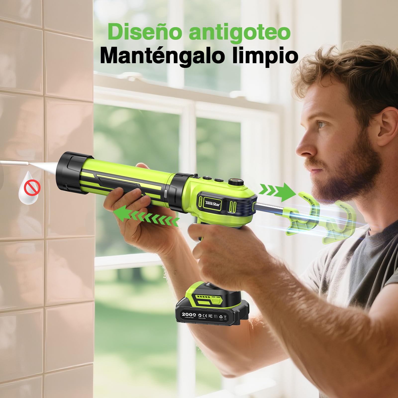 Taskstar Pistola Silicona con 2-Baterías y Luz-LED, Sin Escobillas Mejorado | Pistola Silicona Eléctrica Compatible con Makita 18V Batería de 300ml para Calafateo y Sellado, Bajo Nivel de Ruido