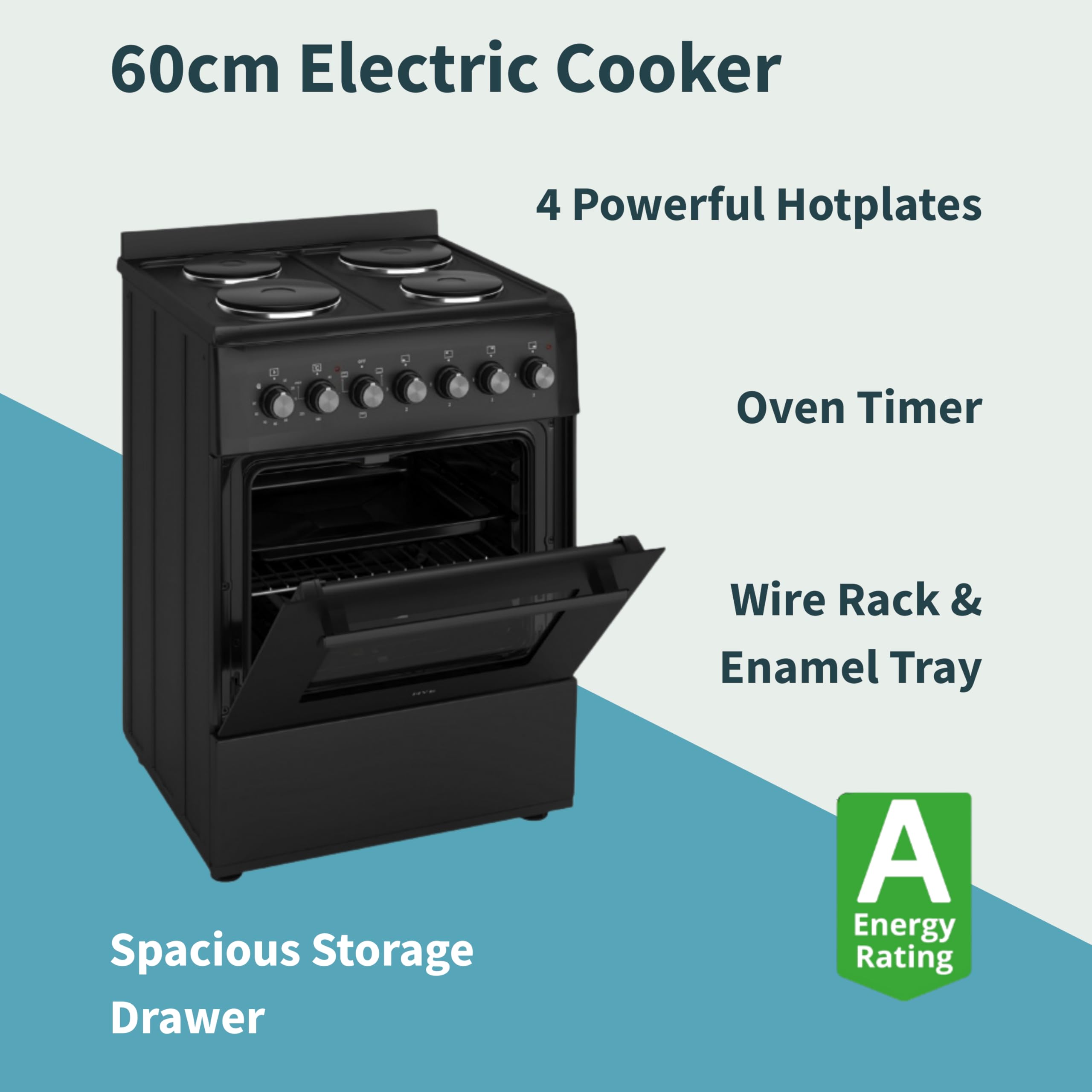 Cooker - Electric Cooker, 4 Hotplates, 62L Electric Oven, Smart Cooking Controls & Programs, 60cm Width, Freestanding Design, Matte Black, Perfect For Family Homes - C01FS60E17 — view 2