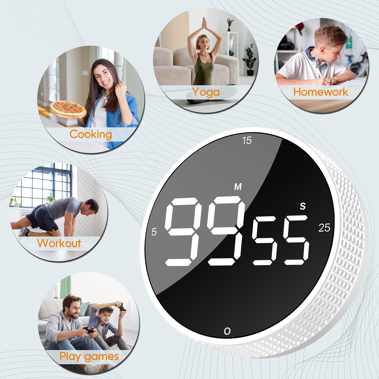 Temporizador digital de cocina mejorado, temporizador magnético de cuenta regresiva con pantalla LED grande, 3 tiempos preestablecidos (5, 15, 25), 3 niveles de volumen, ideal para cocinar, hornear y