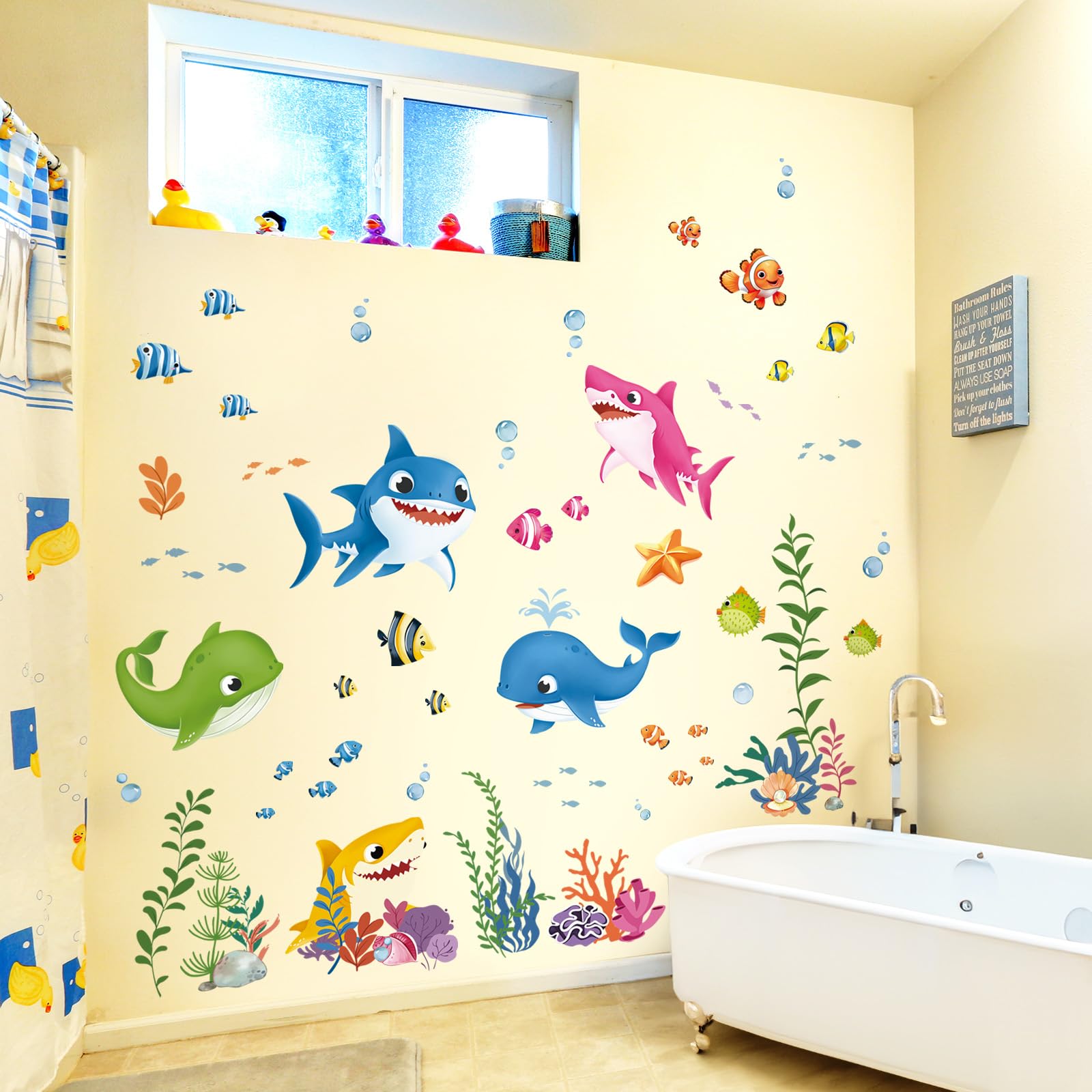 decalmile Under The Sea Fish Wall Decals Colorful Sharks Seaweed Ocean Wall Stickers Kids Bedroom Nursery Bathroom Wall Decor - Image 3