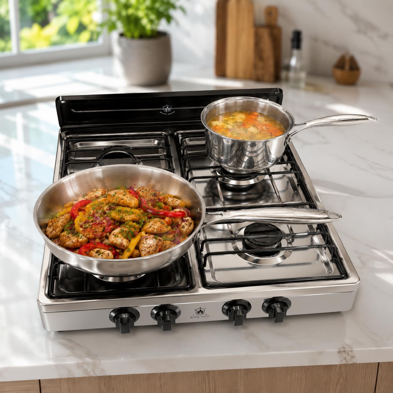 Royal Swiss 4-flammiger Gasherd AOTE-6004, LPG Kochfeld mit Aluminium-Druckgussbrennern, Tragbarer Gaskocher für Butan Propan, Metallgehäuse, Zündung, Camping Garten Balkon