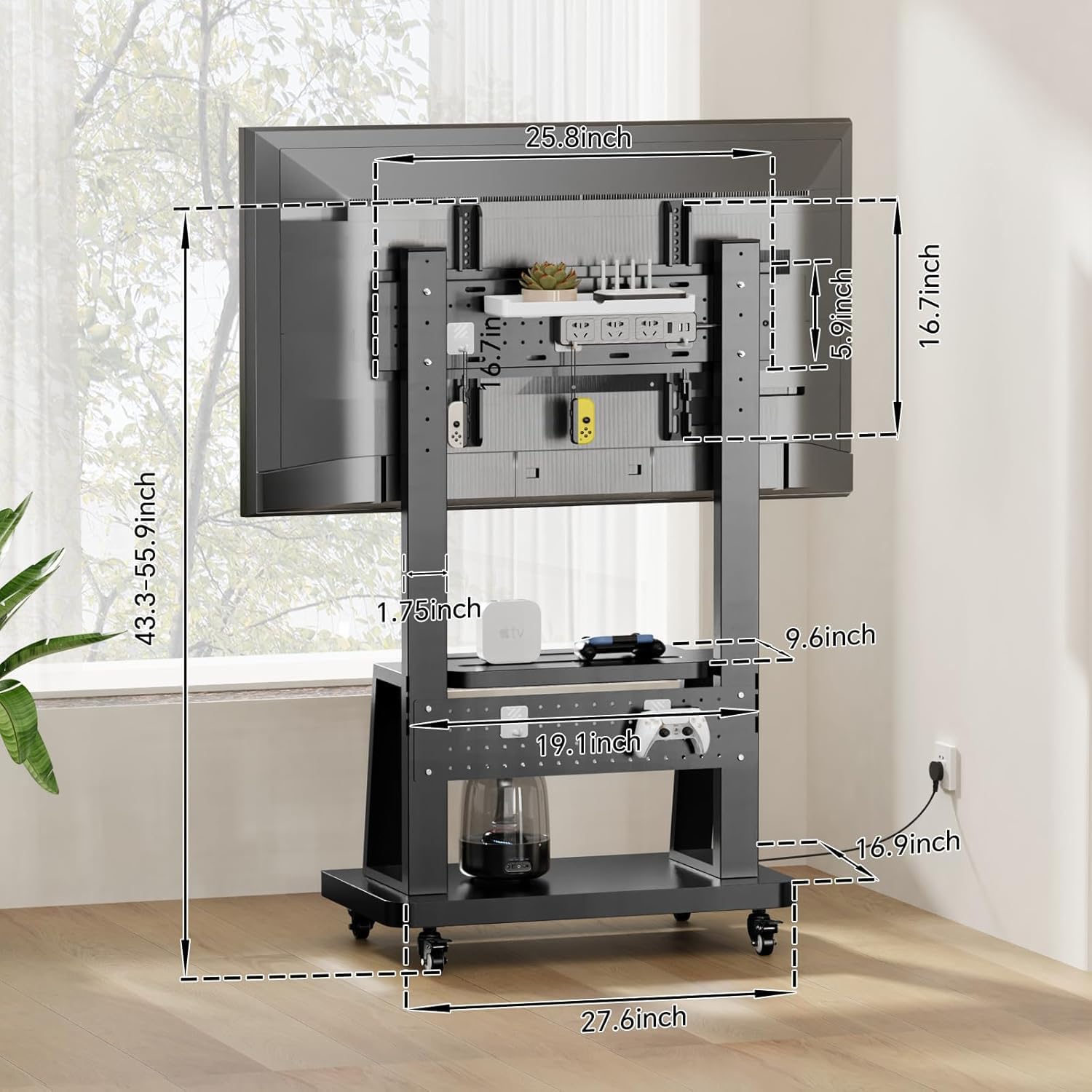 Soporte de TV móvil con ruedas para TV de 32 a 75 pulgadas plano/curvado/LCD/OLED, soporte portátil de suelo con estante de acero y plataforma de agujero, altura ajustable soporta hasta 180 libras