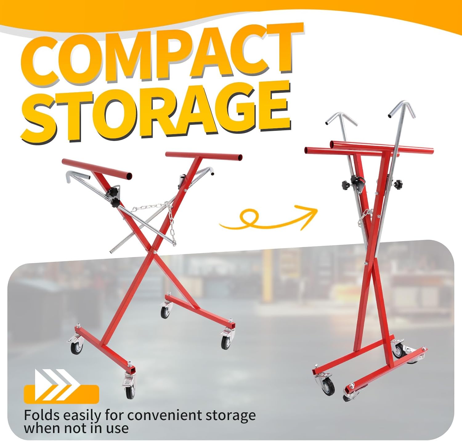 Folding Bumper Rack Paint Stand Adjustable Height & Positions W/Casters Steel Powder Coated Red 200 LBS-Capacity