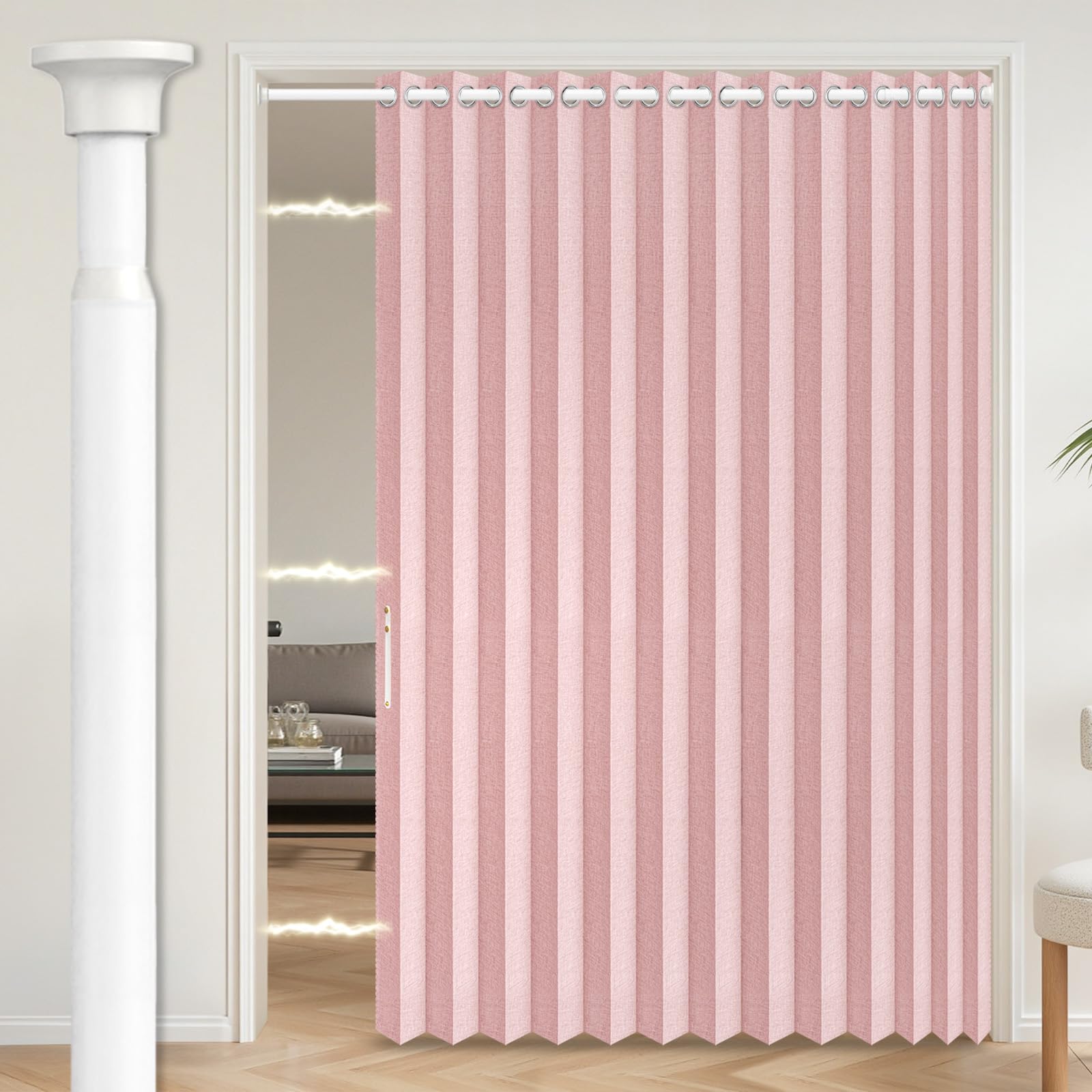 AJAZZ Blackout Magnetic Door Curtain with Curtain Rods Adjustable 28-63" Long, Patio Door Curtain Invisible for Bedroom Living Room Accordion Doorway Set, 1 Pack, W75 x L80 in, Pink