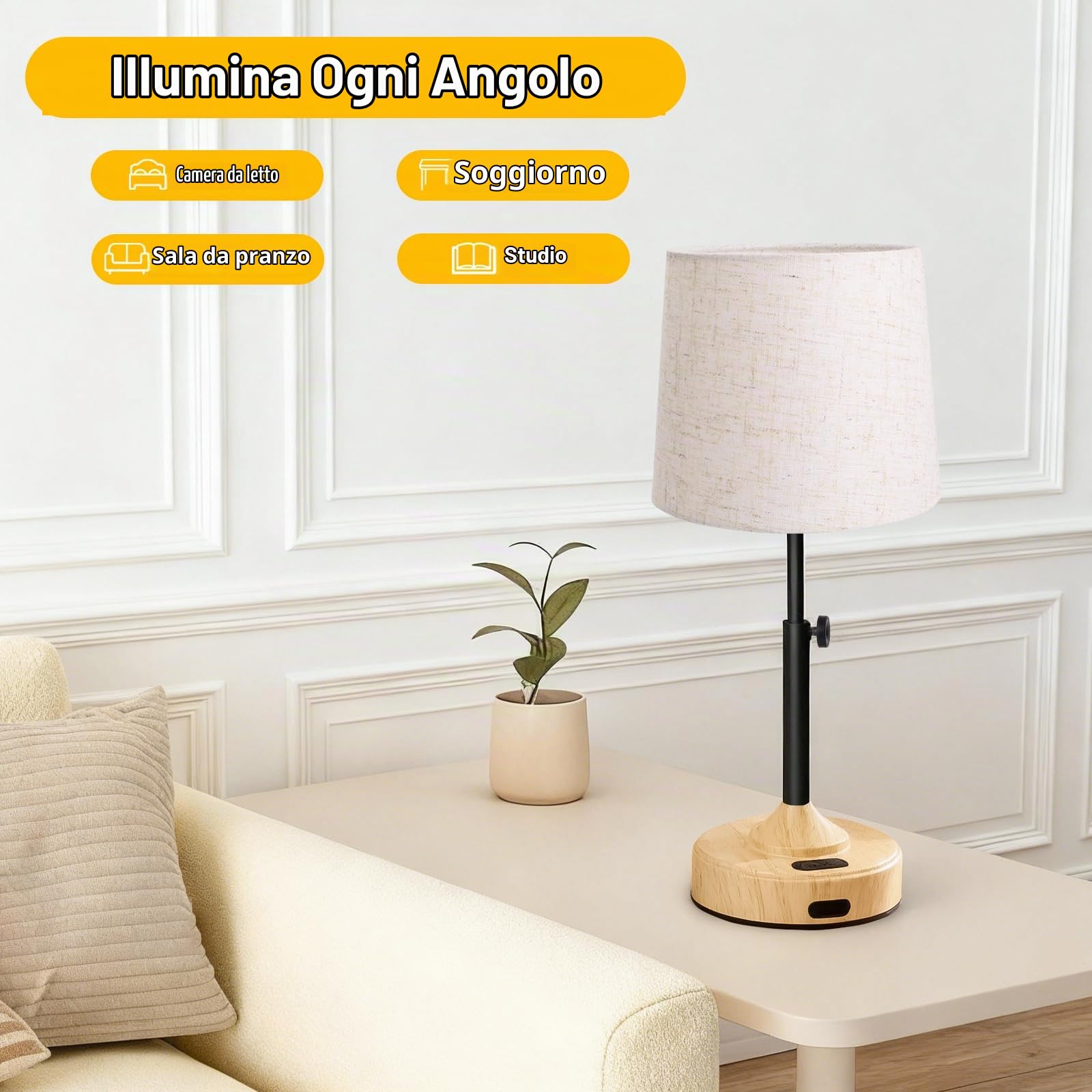 Lampada da Comodino Senza Fili- Abat Jour da Comodino Touch Dimmerabile e Timer, 3 Temperature Colore, Ricarica USB-C Lampada da Tavolo per Camera, Soggiorno, Studio(Confezione da 2)