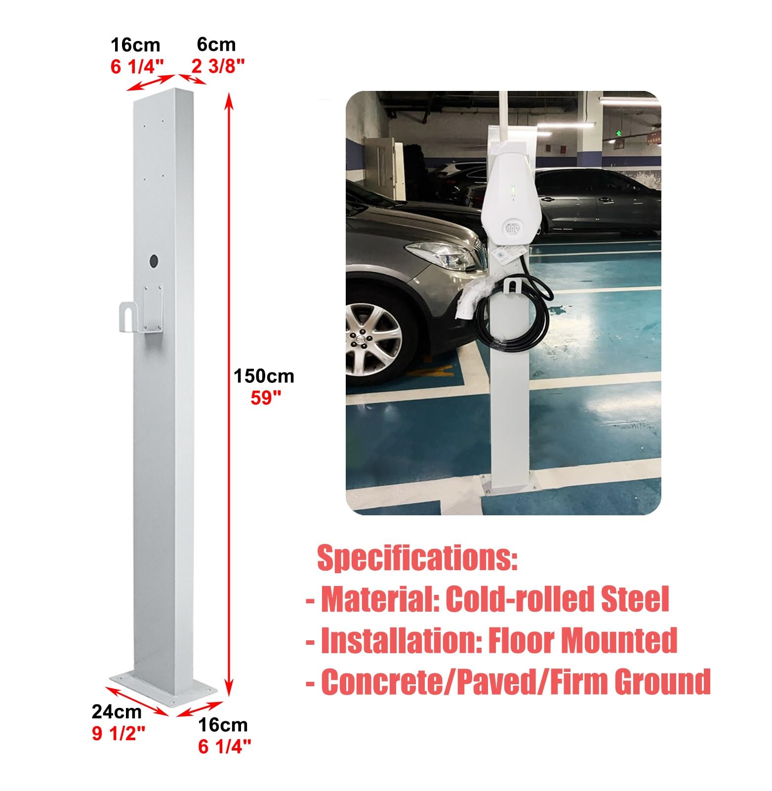 Pedestal para cargador de vehículos eléctricos en garaje con gancho para cable, soporte de acero laminado en frío para estación de carga de vehículos eléctricos, soporte para cargador de vehículos e