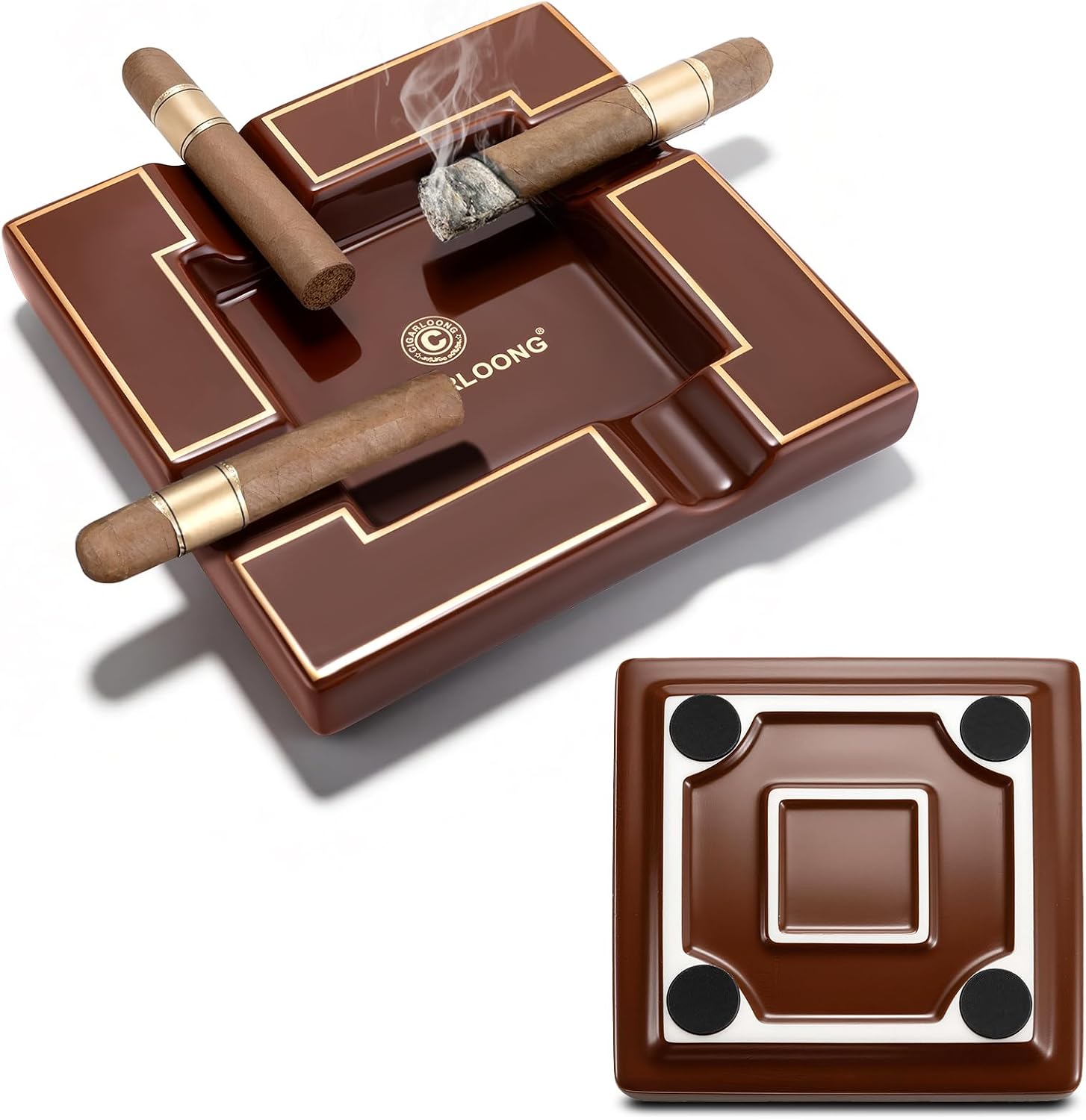 Cigar Ashtray, Ceramic Ashtray, Unbreakable Ashtrays 4 Slots Cigar Rest Holder Large Ash Tray for Indoor Outdoor Patio Home Office Decoration, Smoking Cigars Gifts for Men (Brown)