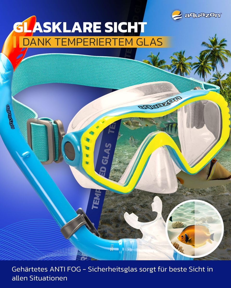 AQUAZON Starfish Kinder Schnorchelset - Taucherbrille mit extra komfortablem Textil Kopfband - 7-12 Jahre - inkl. Schnorchel, superklares temperiertes Glas