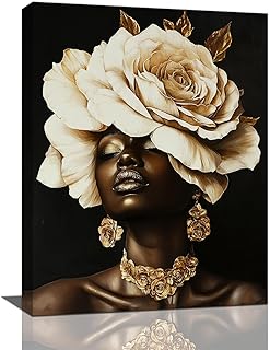 Olivine African American Woman Wall Art, Black Girl Pictures Wall Decor, Black And Gold Painting, Rose Canvas Prints, Framed Artwork for Girl's Room Bathroom Bedroom Living Room Office Home 16"x12"