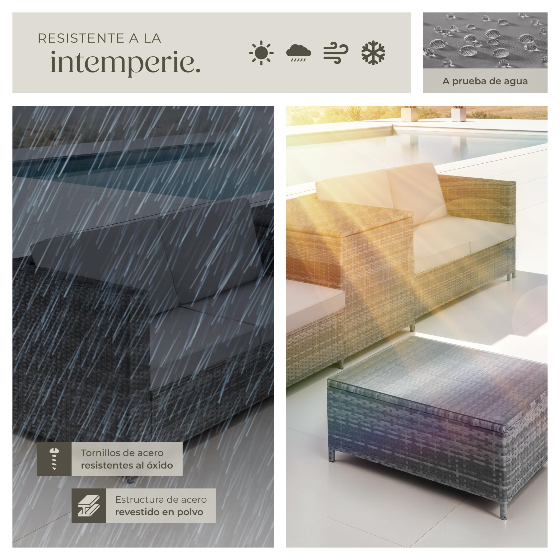 tectake® Conjunto Jardín de Ratán Combinable con Cojines Grosor 8 cm, Conjunto Terraza Acero y Resistente a la Intemperie, Muebles Jardín Exterior 2 Sofás, 1 Mesa, 1 Caja Almacenaje - Gris/Gris Claro