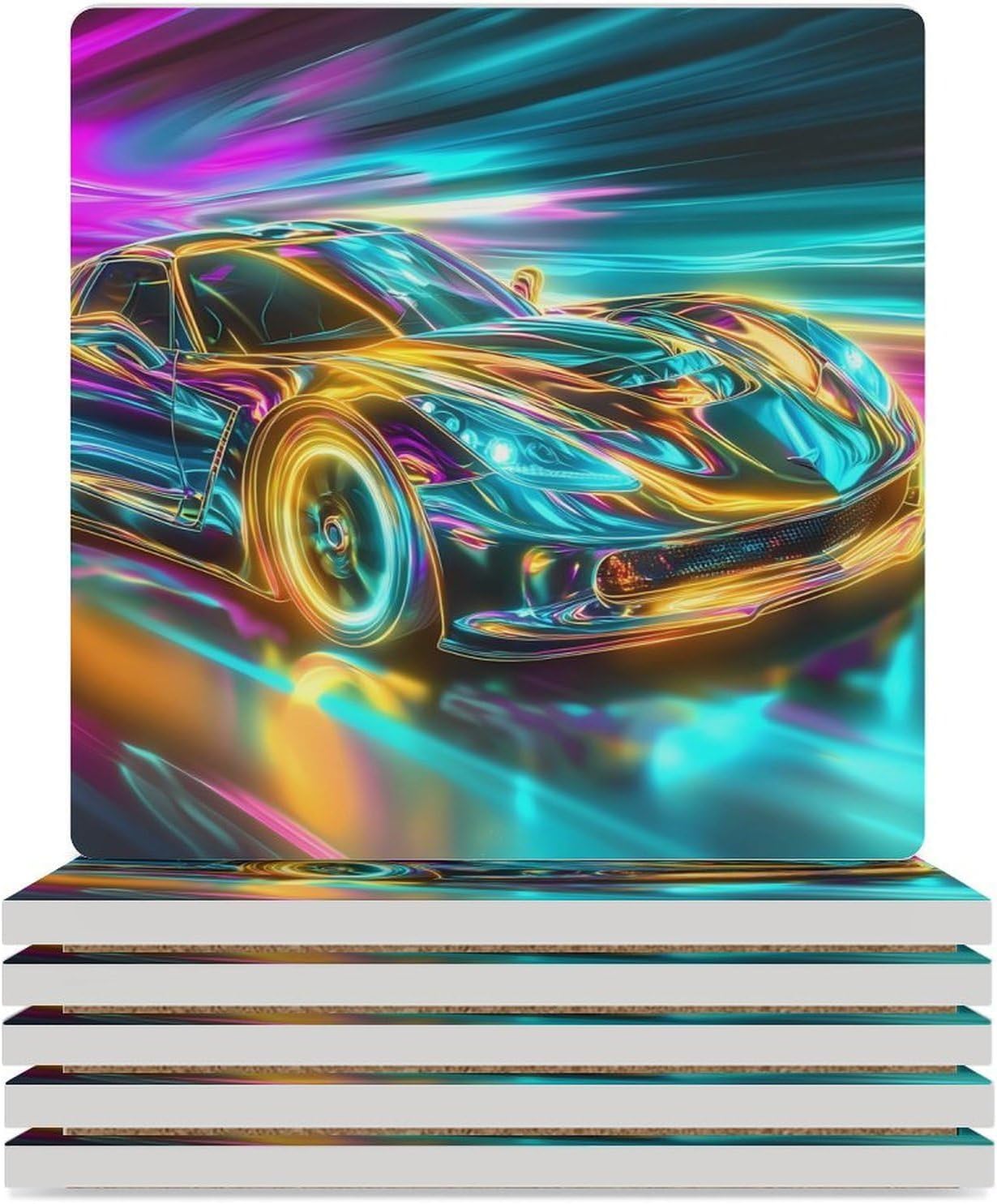 Colorful Glowing Racing Car Funny Ceramic Coasters for Drink Absorbent Cup Holders Tabletop Protection