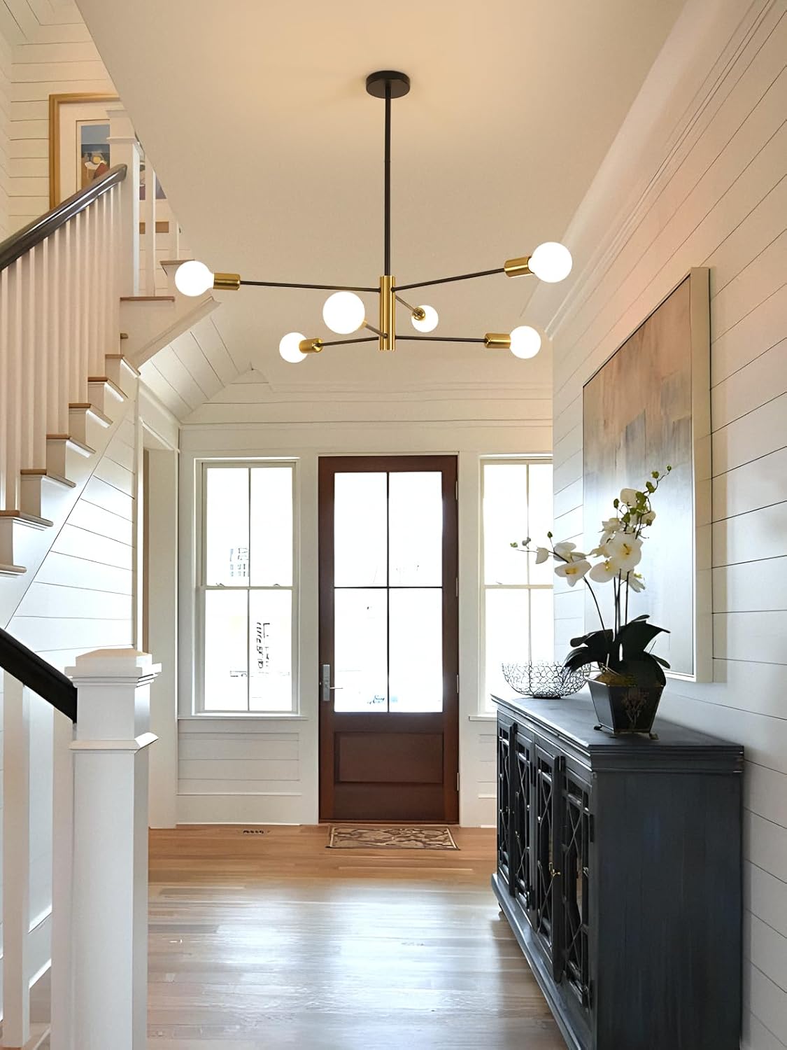 Goeco 28.7 Inch Modern Sputnik Chandelier, 6-Light Height Adjustable Gold and Black Farmhouse Chandelier Over Table for Dining Room, Kitchen Island, Living Room