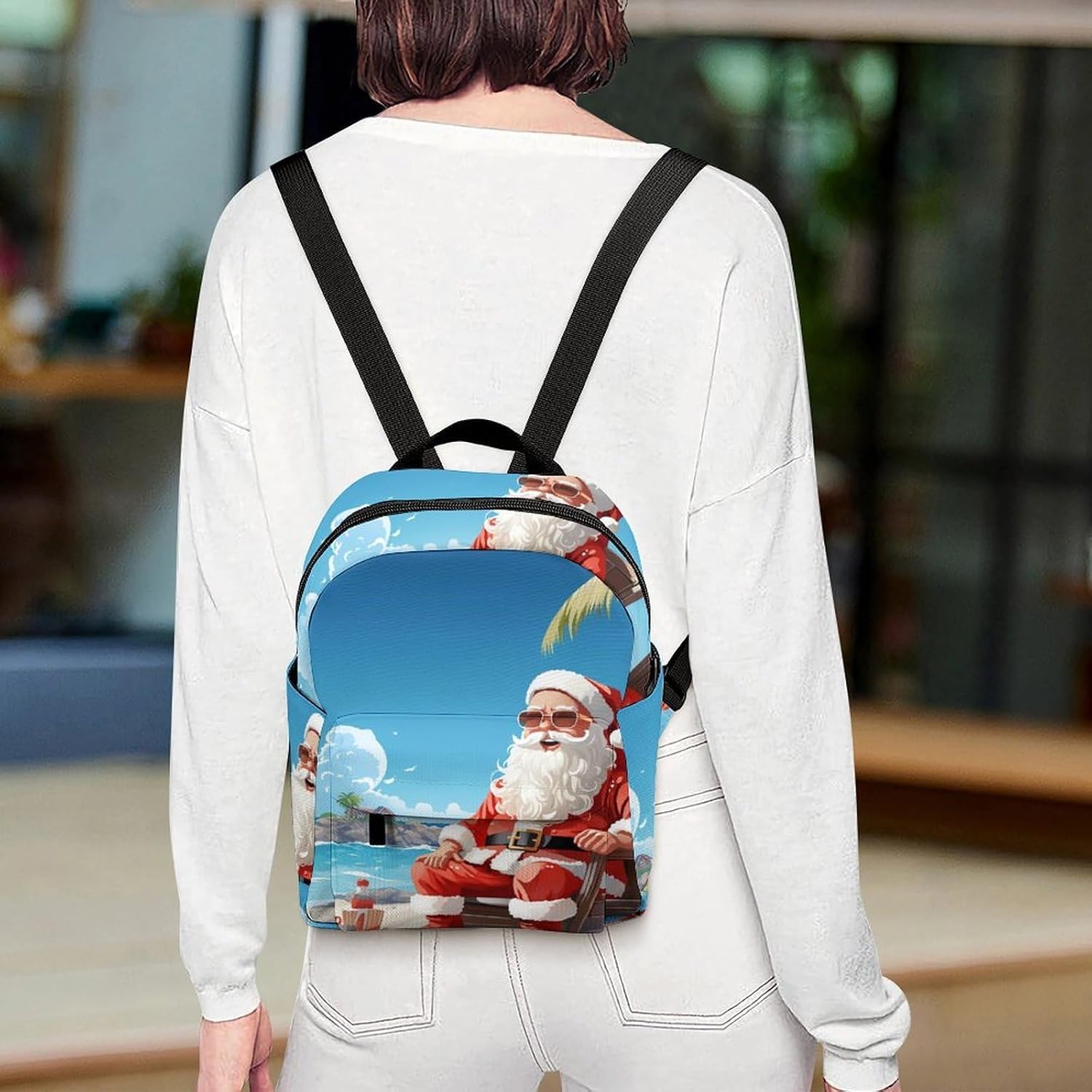 Waterproof Mini Backpack for Women - 10 Inch Oxford Lightweight Daypack Cute Bag Small Daypack Santa Claus At Beach Small Backpack Purse for Travel Work Weekender