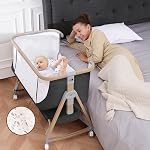 Baby Bassinet Bedside Sleeper - 3 in 1 Bassinets with Waterproof Sheets, Soft Mattress and Breathable Mesh, Adjustable Height Bedside Bassinet for Baby with Wheels, Storage Basket, Gray