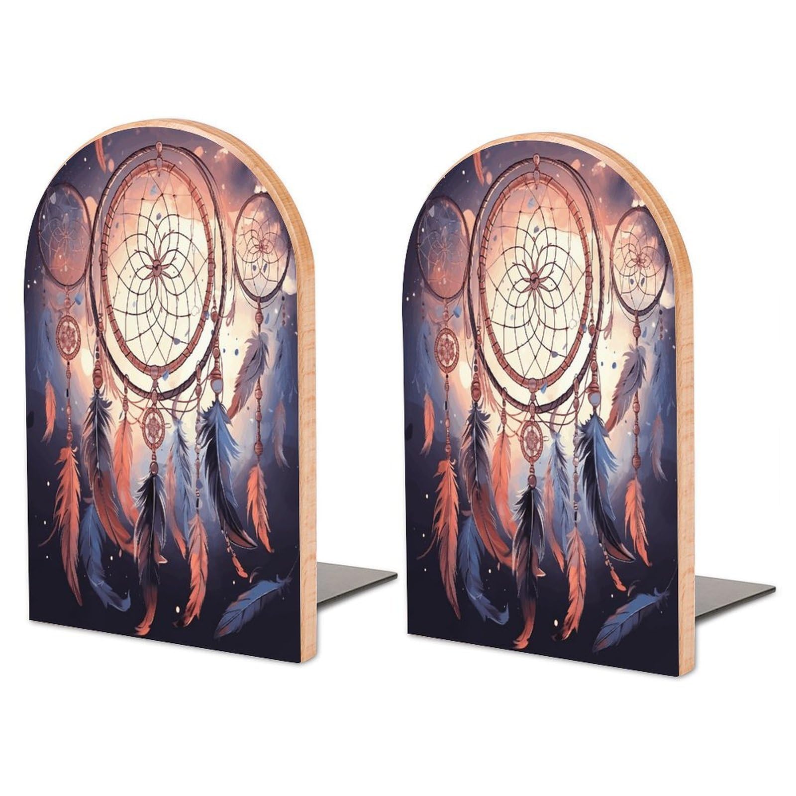 Native American Dream Catcher Wood Bookend for Shelves 1 Pair