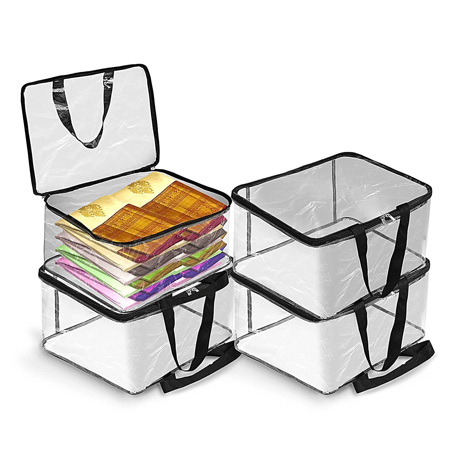 HOLLIO Transparent Pvc Storage Bag for saree covers with zip,Clothes, Lehenga, Blankets, Bedsheets, Toys, Docs | Wardrobe Organizer | Clear saree bags storage Storage Box Bag (PACK OF 4)