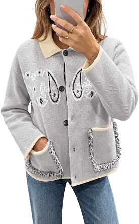 Saodimallsu Women's Boho Fringe Paisley Cardigan Sweater with Pockets