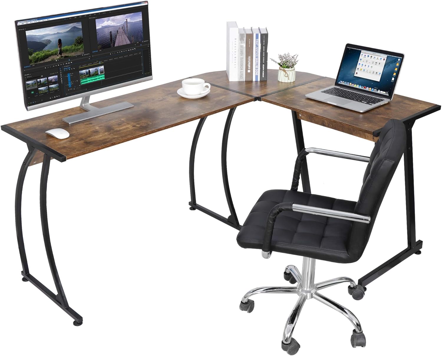 Nouva L Shaped Desk Computer Gaming Desk, Modern Home Office Corner Desk w/Large Desktop (Rustic Brown), AE436