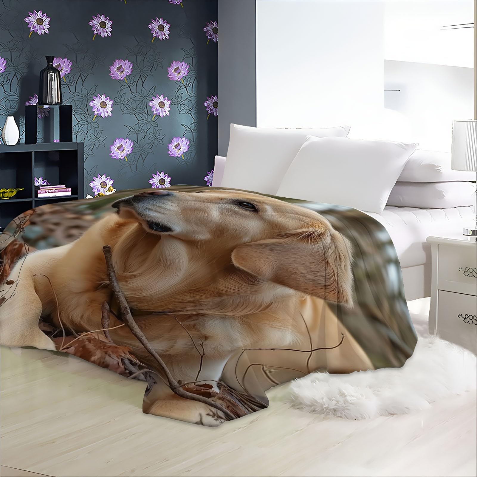 Golden Retriever koce flanelowe z nadrukiem, na drzewa, 200 x 220 cm, na jesień i zimę, dla mężczyzn, kobiet i dorosłych, dekoracyjny koc na łóżko i kanapę, żółty