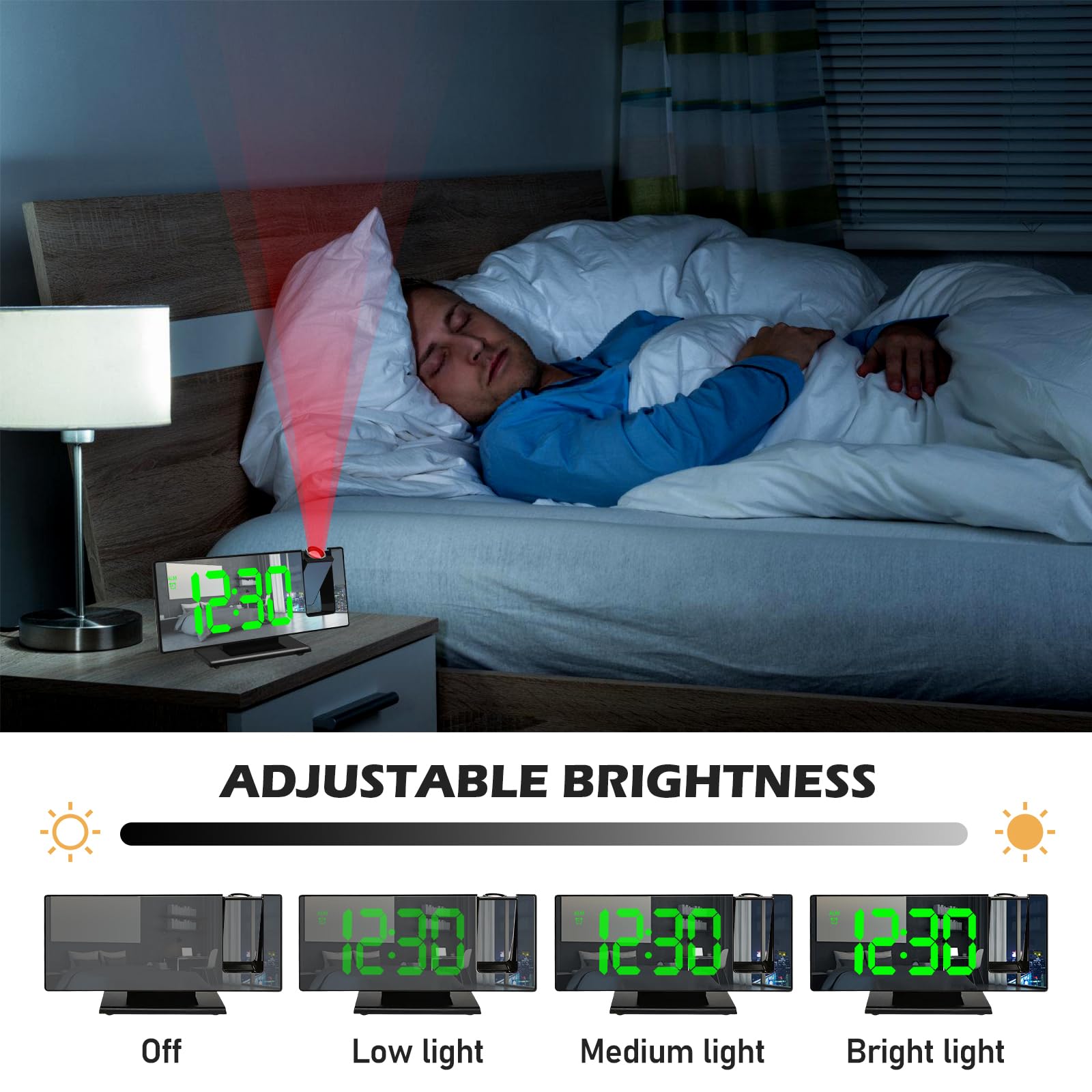 BYZESTY Sveglia Digitale con Proiezione, Sveglia con Proiettore Soffitto, Orologio Digitale Alimentata Tramite USB, con Grande Display, Temperatura, Snooze, Data, 12/24HR, 3 Livelli di Luminosità