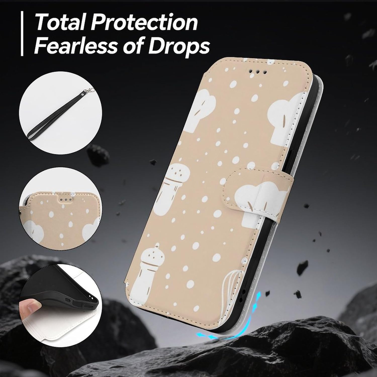 Chef Hat Egg Beater Pepper Shaker Compatible with iPhone 16/16 Plus/16 Pro/16 Pro Max/16 E Case Phone Wallet Card Holder Flip Cover with Wrist Strap