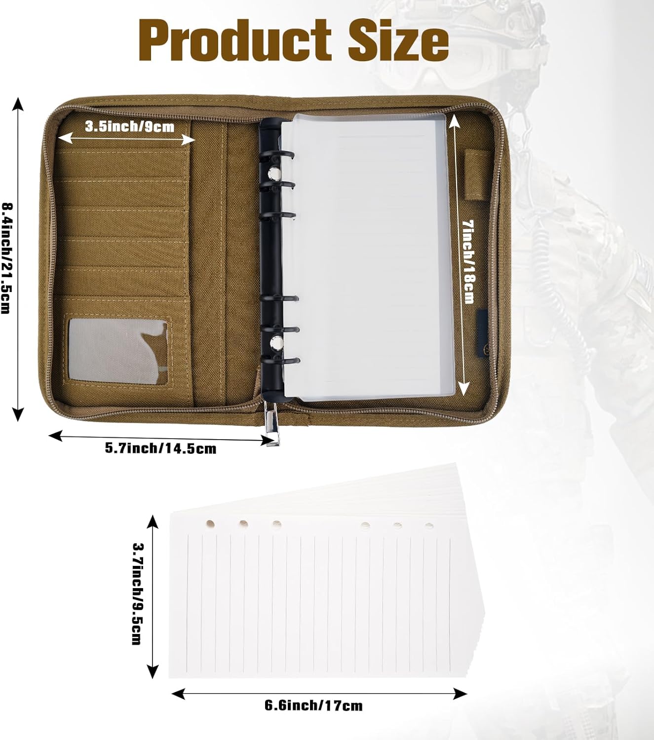 Tactical Notebook Padfolio Ring Binder with 45 Sheets,Weatherproof Military Notebook Cover with Zippered Padfolio Organizer,Refillable 6-Ring A6 Binder Notepad (Khaki)