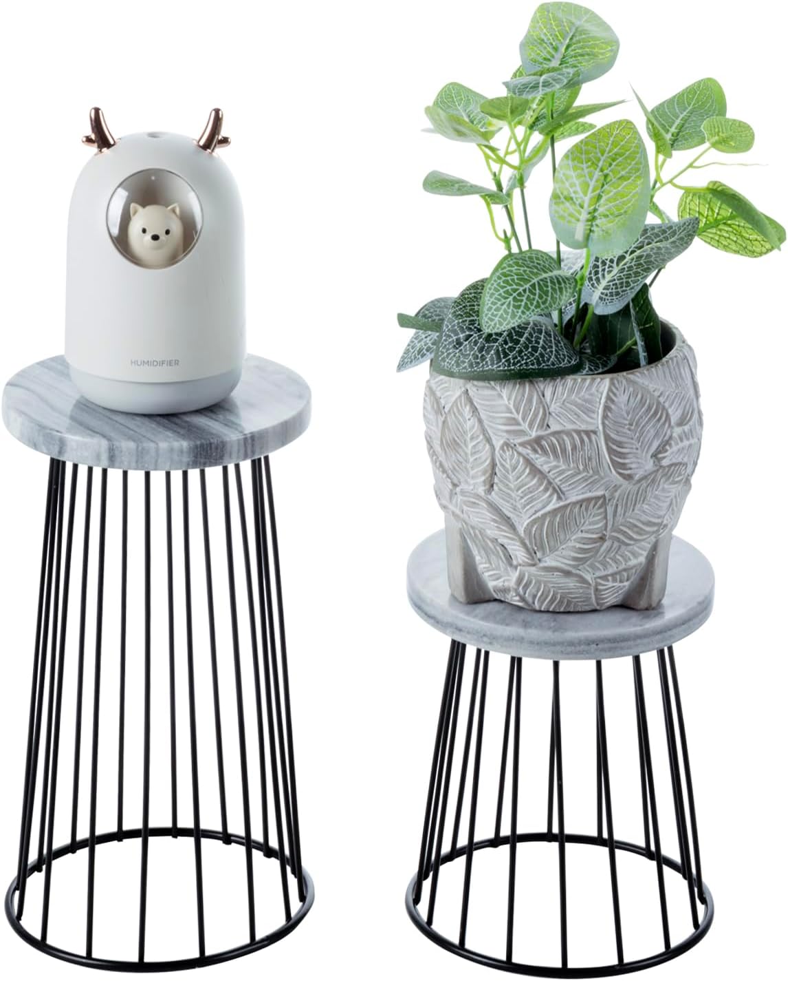 Multi-Purpose Plant Stand Indoor/Outdoor: 2 Pack Mid-Century Modern Marble & Metal Wire Corner Plant Table - Small Round Display for Plants, Desserts, Cupcakes in Living Room, Bathroom, Office (White Marble)