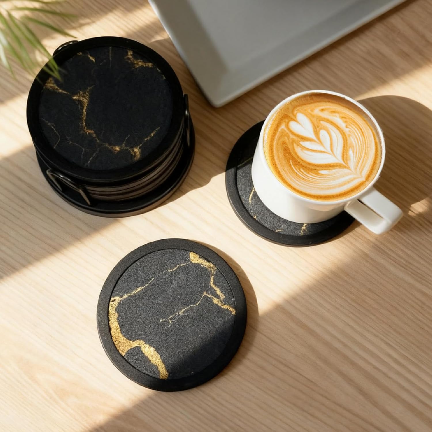 Set of 6 Non-Slip Silicone Coasters with Holder, Double-Sided Absorbent for Hot/Cold Drinks, Scratch & Water Ring Protection for Wood Tables, Home Office Bar, Black Gold Marble (Black Gold Pattern) - Image 5