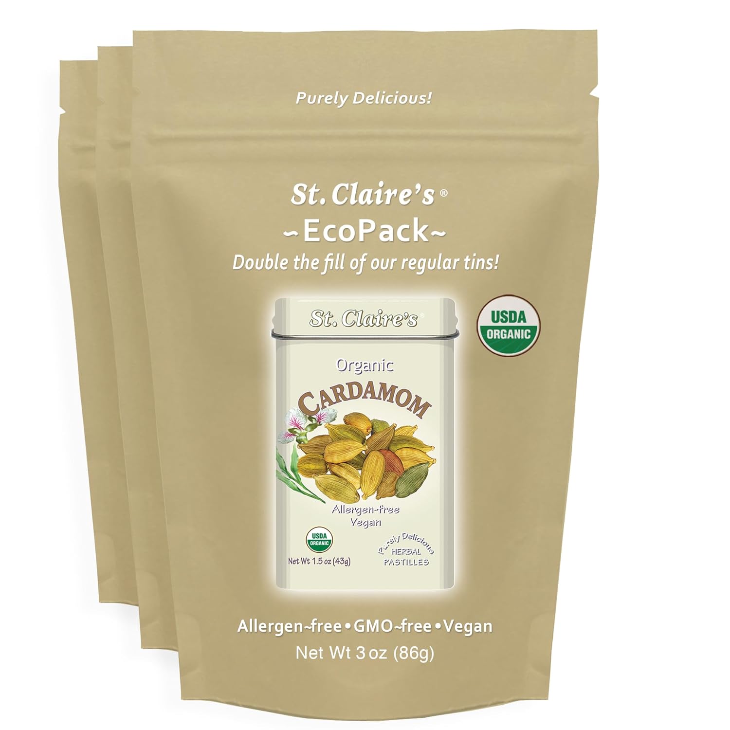 St. Claire’s Organic Cardamom Pastilles – 3-Pack EcoPack, 3 oz Each | Certified Organic, Vegan, Gluten-Free, Allergen-Free, Non-GMO, Low Calorie, Plant-Based | Made in USA
