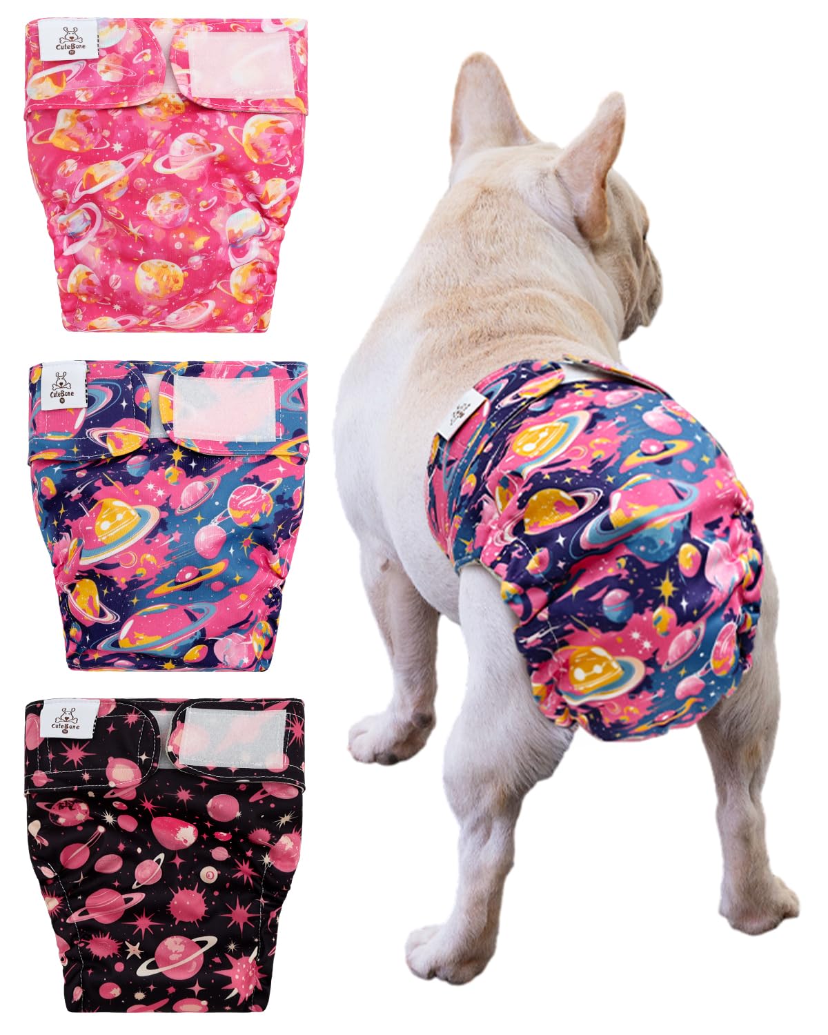 CuteBone Washable Dog Diapers Female No Tail Hole 3 Pack Reusable Doggie Period Training Pants for Docked-Tail Frenchie French Bulldog Boston Terrier