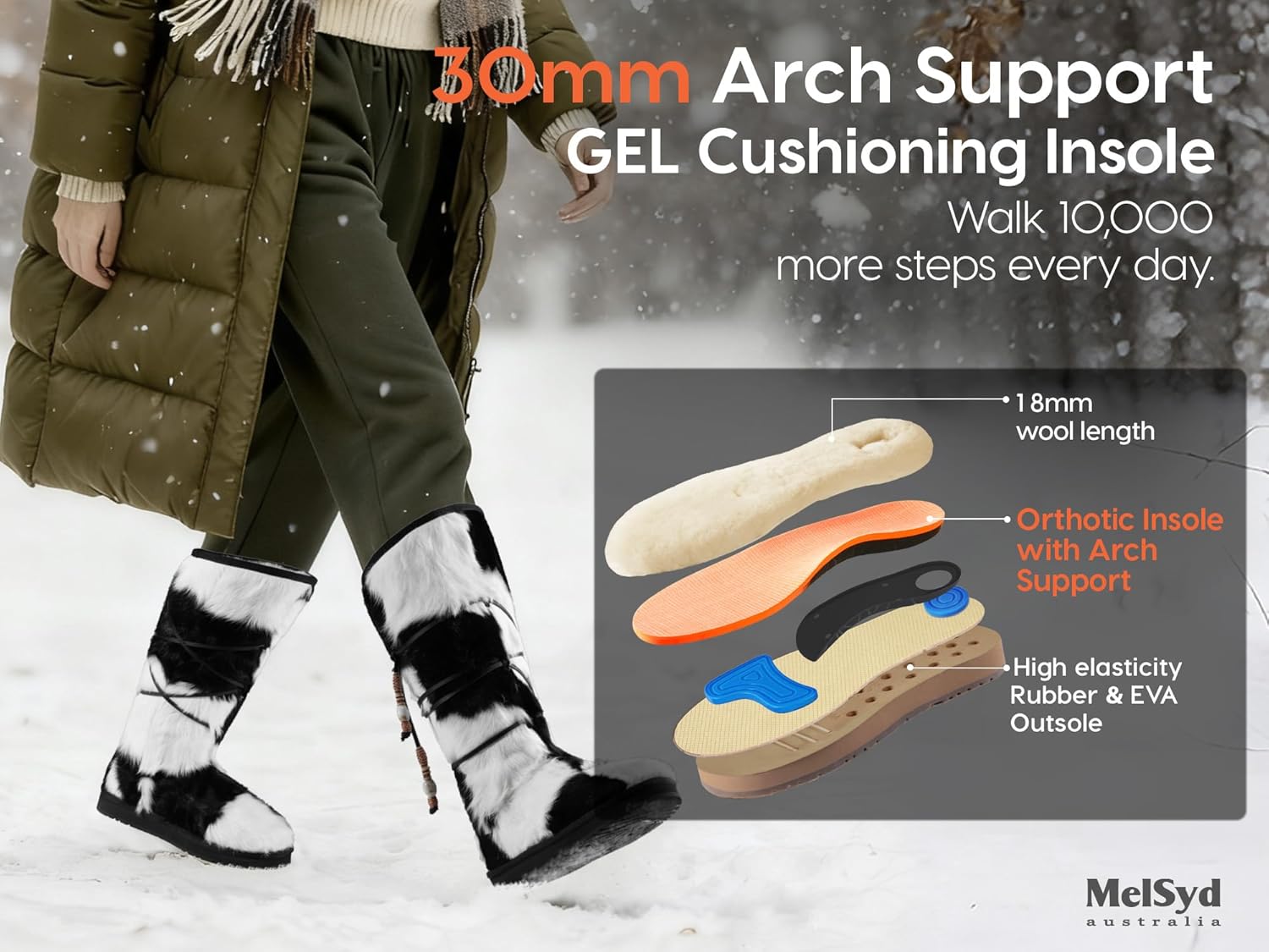 Mel&Syd 100% Australian Sheepskin Fur Boots with Arch Support: Plantar Fasciitis Relief & Long Fur Tassel - Shearling lined Knee High Winter Snow Boots - The Comfortable Fashionista's All-Day Style