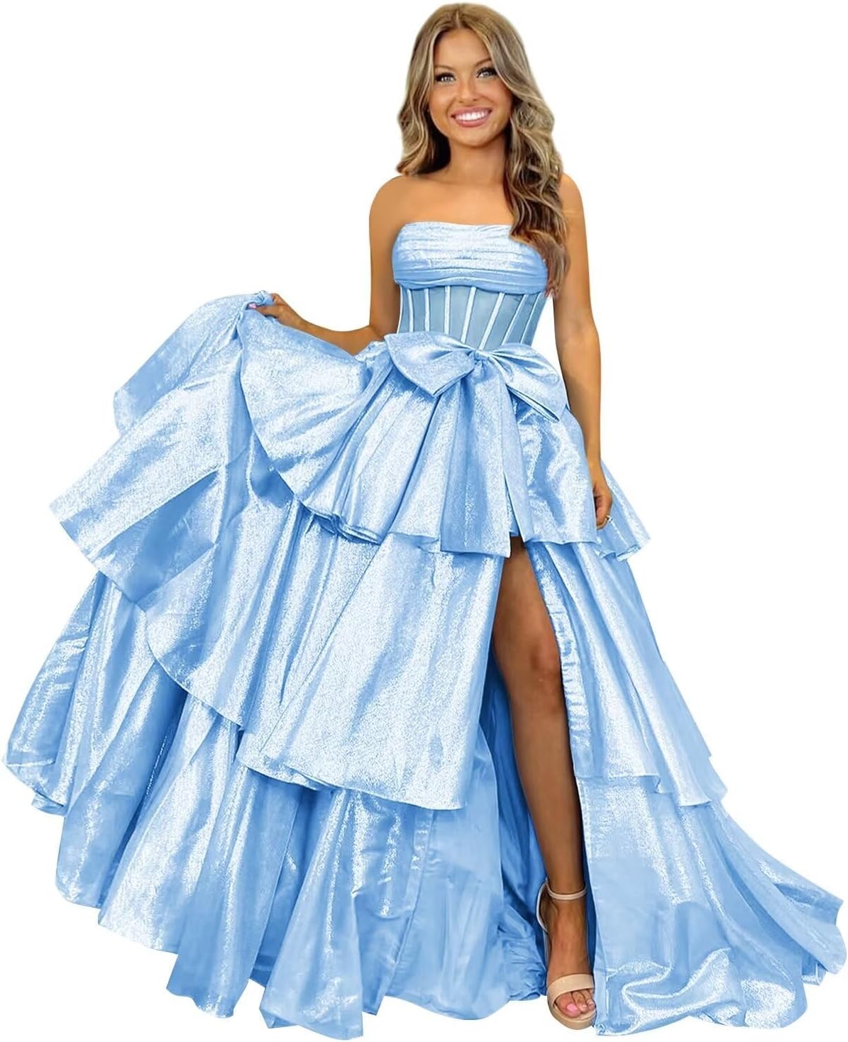 Strapless Tiered Tulle Prom Dresses with Bow 2025 Long Corset Ruffle Formal Evening Party Gowns with Slit