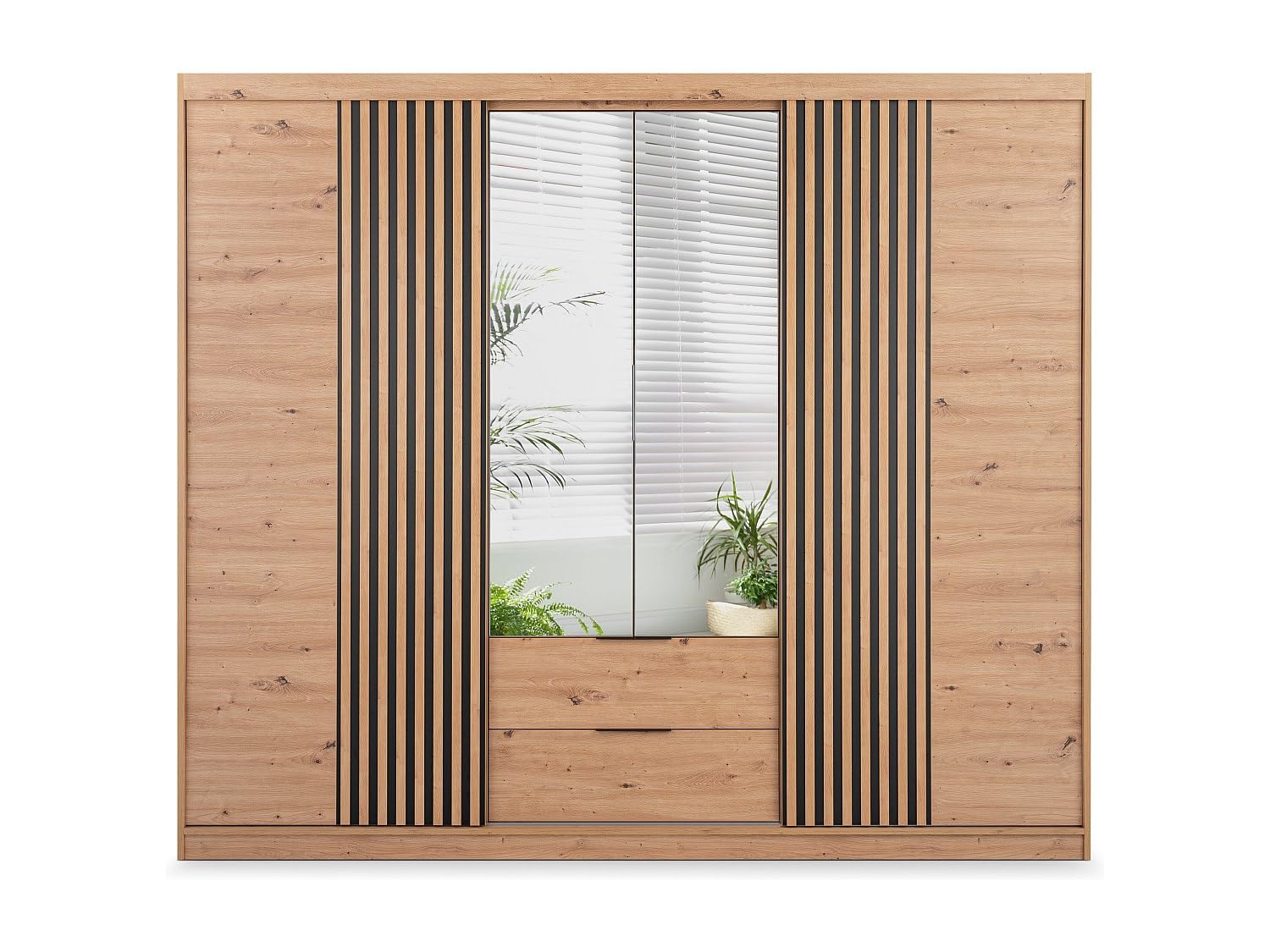 Vente-unique - Armoire 4 Portes et 2 tiroirs - avec Miroir - L250 cm - Coloris : Naturel - SIDOVIA