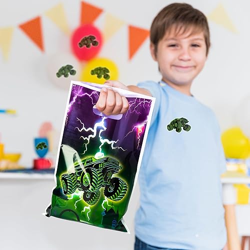 Miniatura 6 de 50 bolsas de regalo de camión monstruo verde y morado, bolsas de fiesta de camión monstruo, bolsas de dulces con temática de dulces, bolsas de