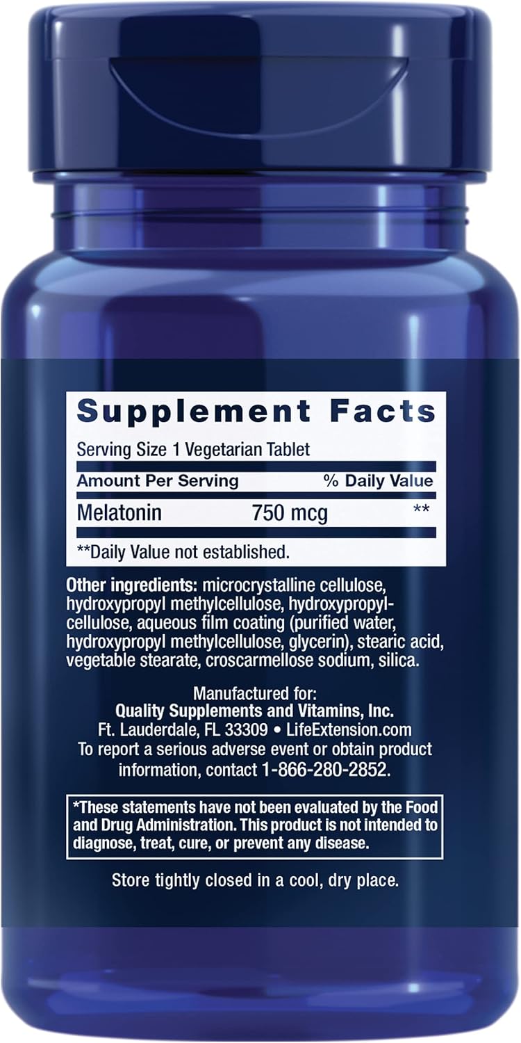 Life Extension Melatonin 750 mcg 6 Hour Timed Release - Sleep & Cellular Health Support in a Gradual-Release Formula – Melatonin Supplement - Gluten-Free, Non-GMO - 60 Vegetarian Tablets