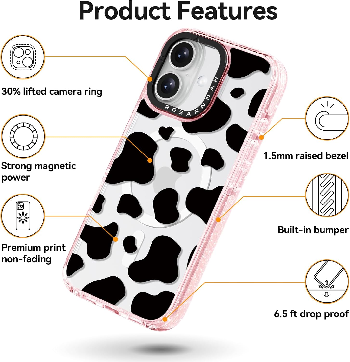 Rosarnnah for iPhone 16 Case Cute - Compatible with Magsafe - Durable Shockproof 6.6 ft Drop Impact Phone Case - Funny Milk Cow Print Design (6.1") Glitter Pink